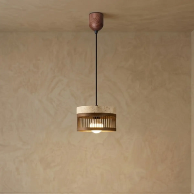 Wabi-sabi Pendant Light --Travertine & Solid Wood Brown for Dining Room