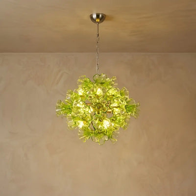 Vetro Mid-Century Glass Chandelier -- Green Ruffled Petals for Dining Room