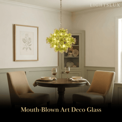 Vetro Mid-Century Glass Chandelier -- Green Ruffled Petals for Dining