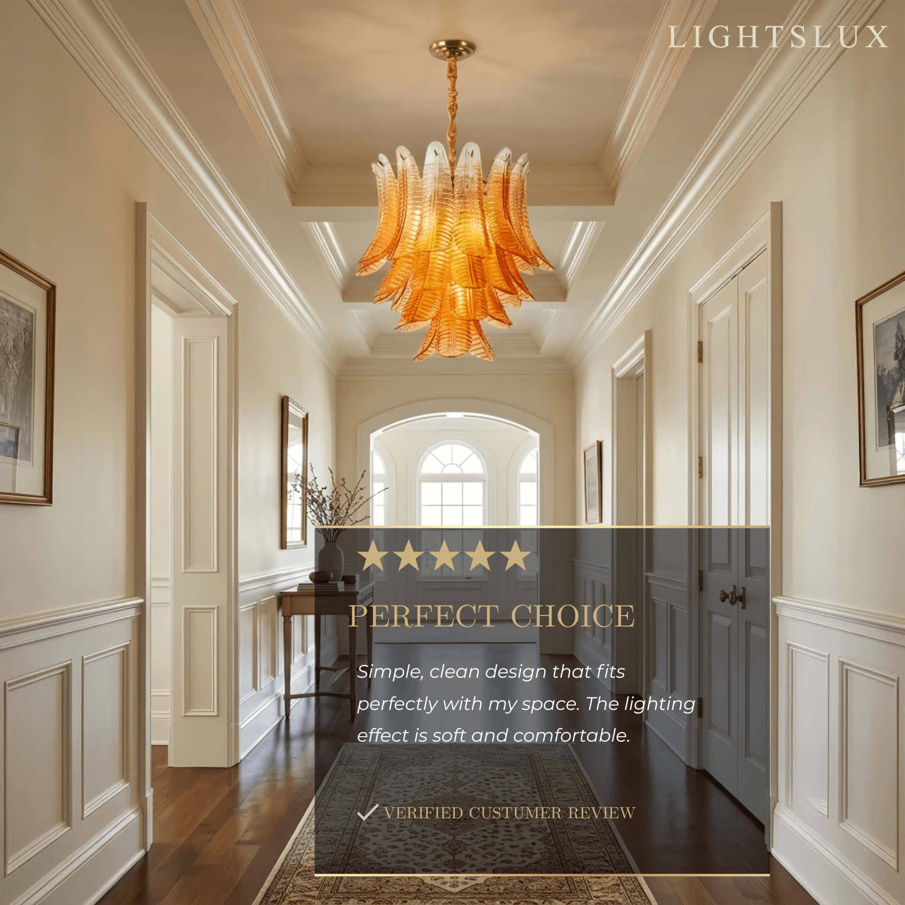 Excelis Luxury Glass Chandelier -- Amber Cascading Leaves for Dining Room/Hallway