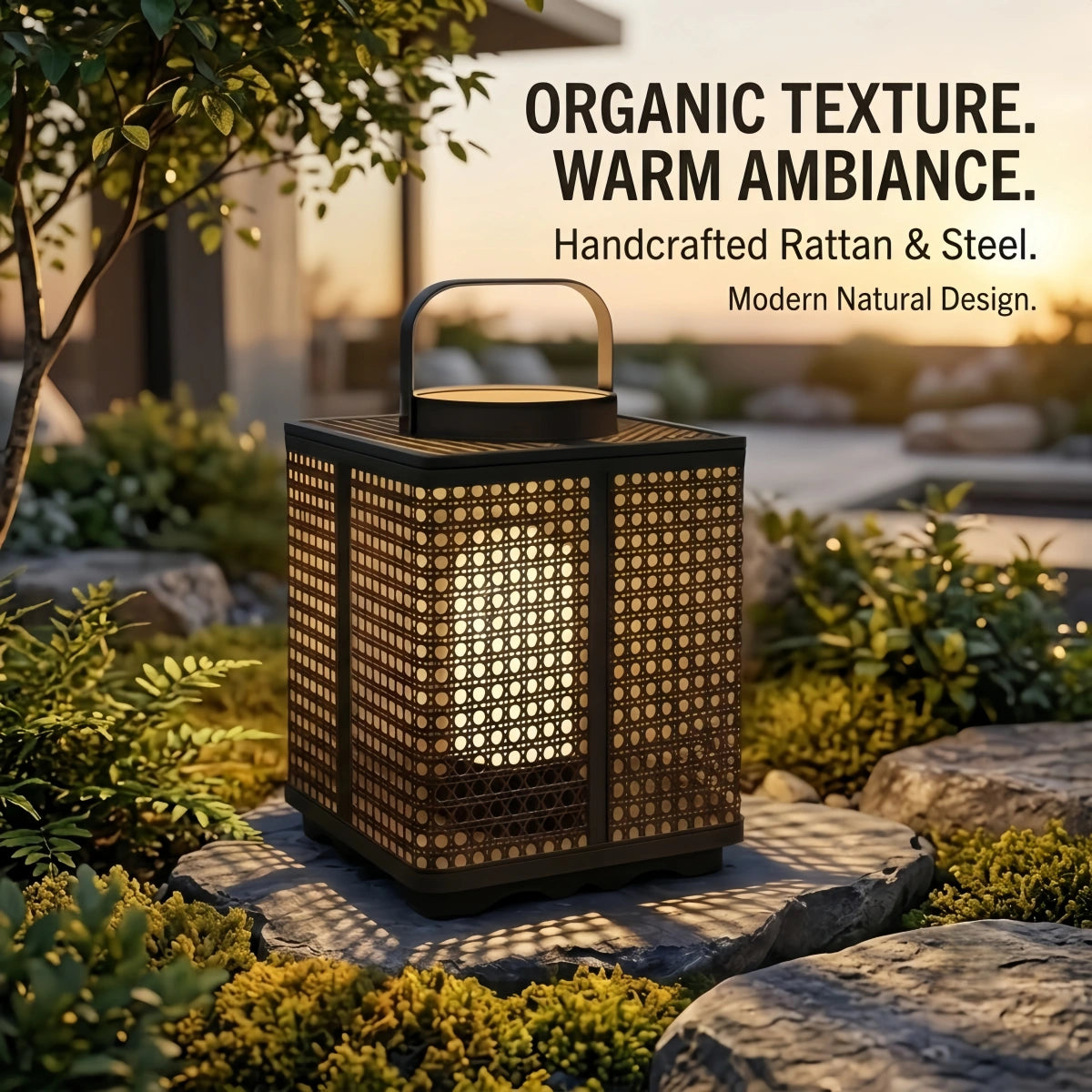 Bamburo Minimalist Outdoor Floor Lamp -- Metal & Rattan Beige for Garden