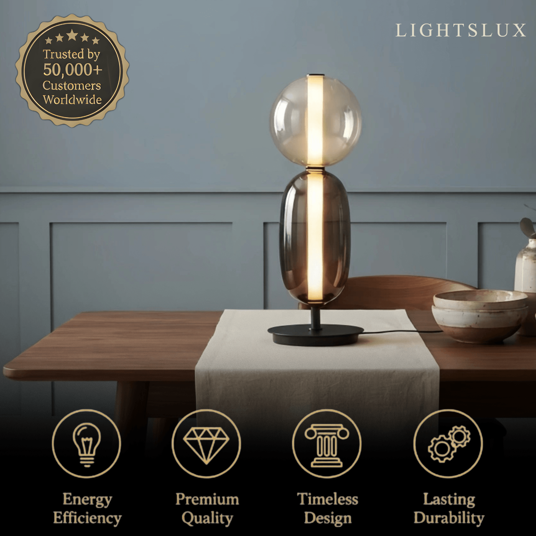 Art Deco Glass Table Lamp -- Hand-Blown Crystal LED for Living Room