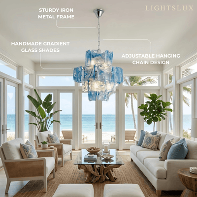 Excelis Luxury Branch-Style Tiered Chandelier— Metal & Glass Blue Features