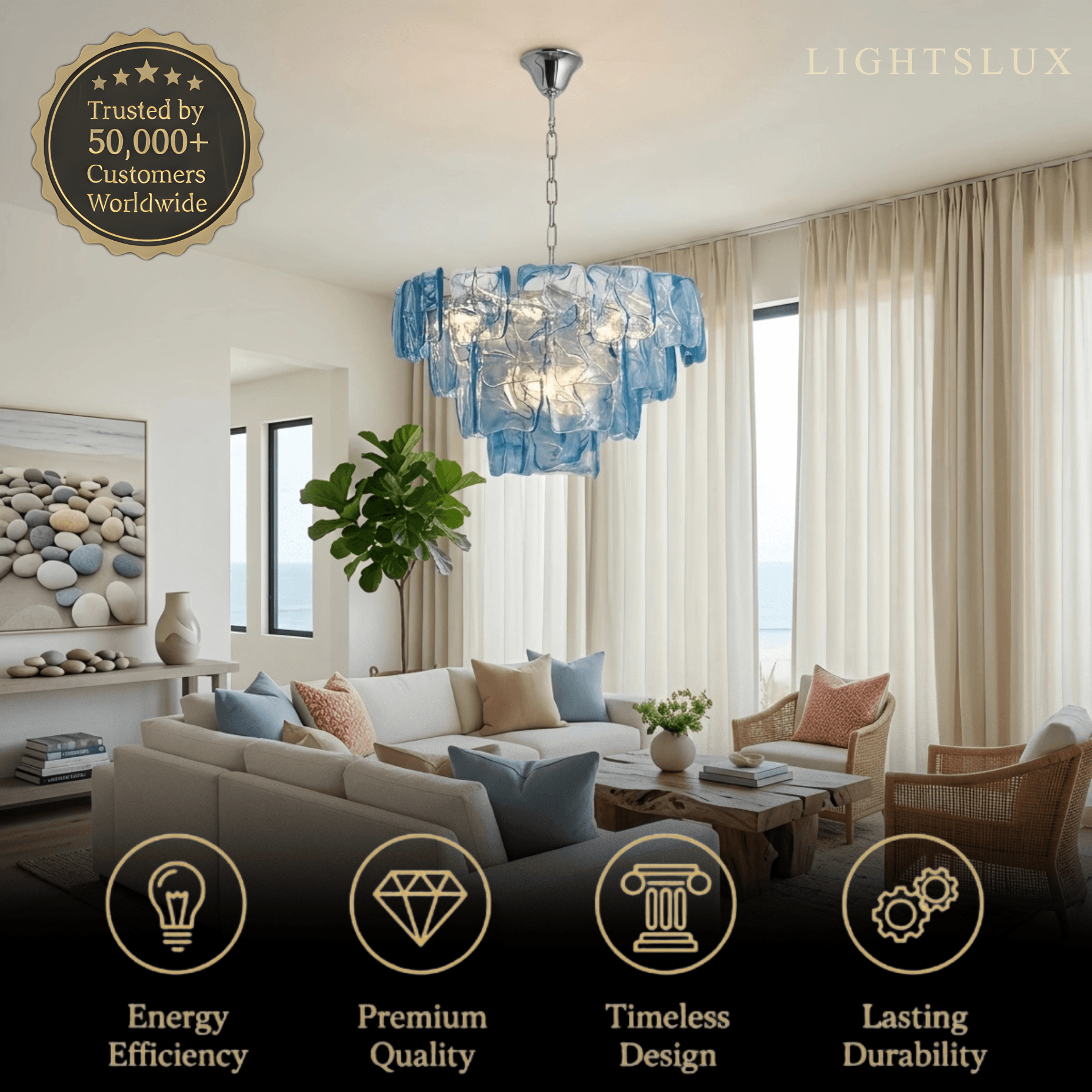 Luxury Branch-Style Tiered Chandelier— Metal & Glass Blue for Dining Room