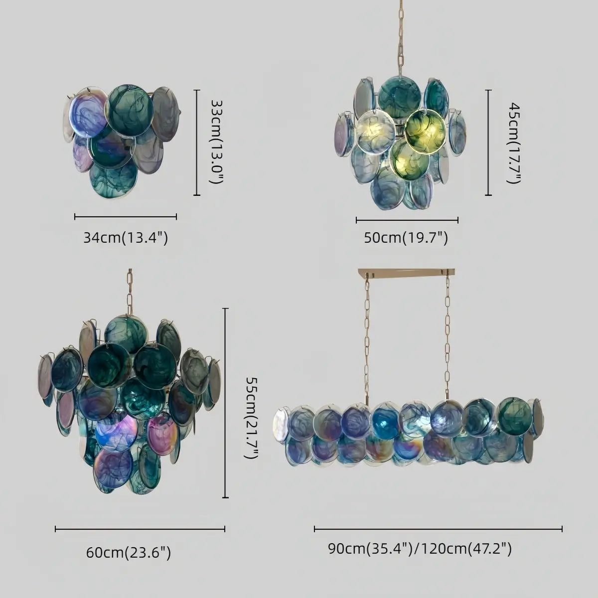 Excelis Art Deco Chandelier -- Handcrafted Iridescent Cloud Glass for Dining Room Size