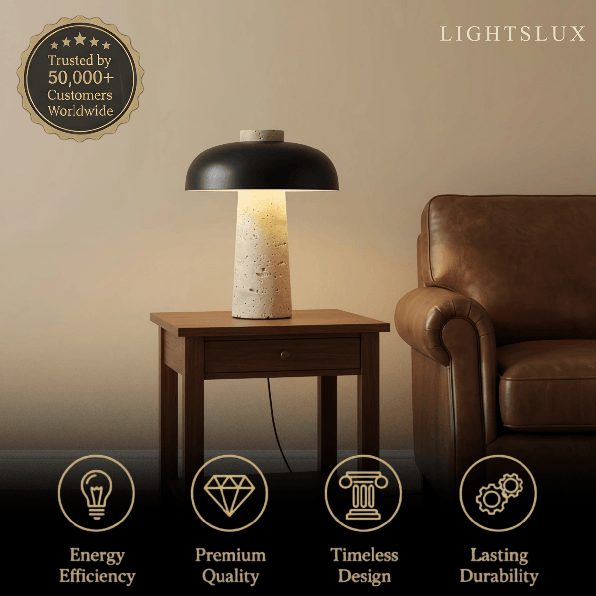 Strata Natural Travertine Table Lamp – Black Shade for Bedroom & Bedside