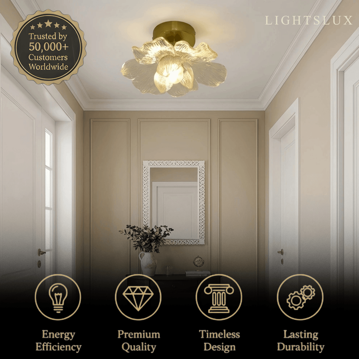Lunara Elegant Flush Mount Ceiling Light – Glass Metal for Bedroom Hallway