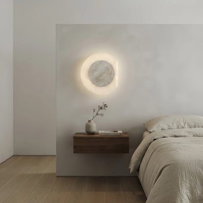 Wabi-sabi Round Wall Lamp -- Natural Yellow Travertine & Acrylic for Bedroom