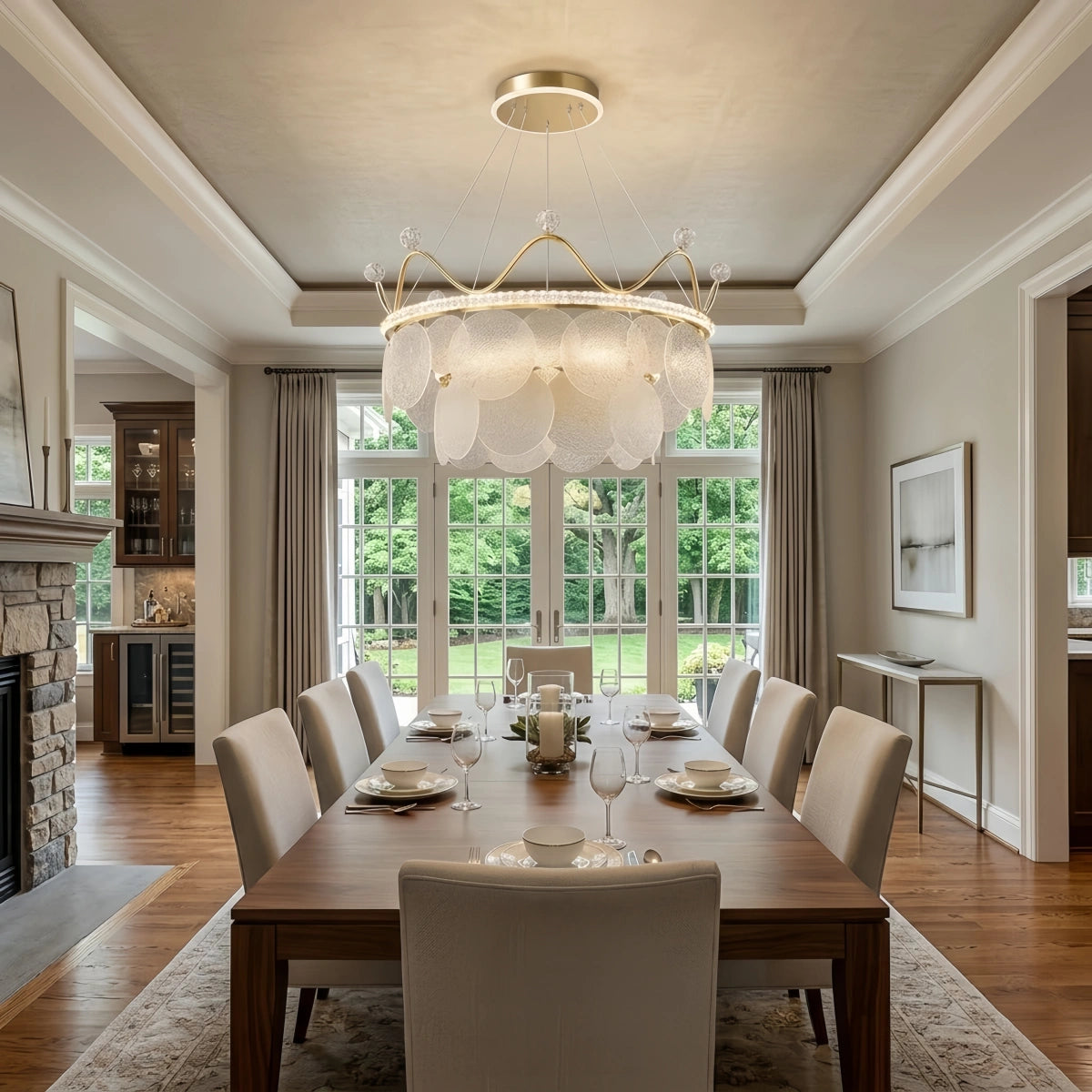 Excelis Elegant Crown-inspired Pendant Light -- Water-ripple Glass & Crystal Gold Dining Room