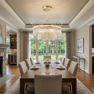 Excelis Elegant Crown-inspired Pendant Light -- Water-ripple Glass & Crystal Gold Dining Room