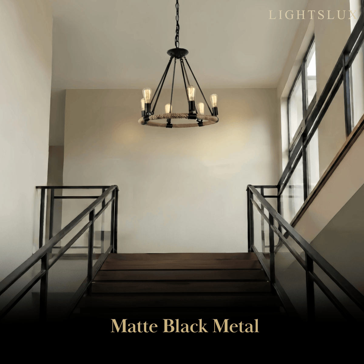 JUN107Irondale Industrial Hemp Rope Chandelier – Black Metal & Rope for Foyer