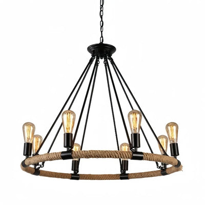 JUN107Irondale Industrial Hemp Rope Chandelier – Black Metal & Rope for Dining Room
