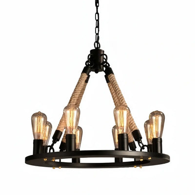 JUN107Irondale Industrial Hemp Rope Chandelier – Black Metal & Rope for Dining Room