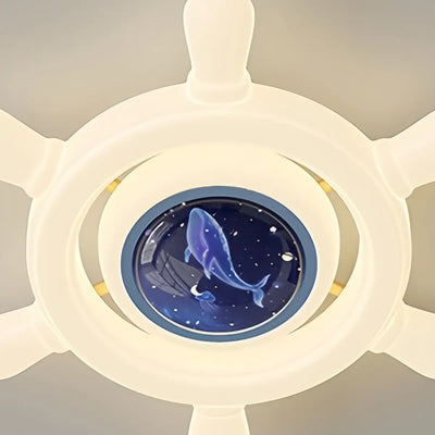 Art Deco Ship's Helm Ceiling Light -- Iron & PE Dimmable White/Blue for Bedroom Details