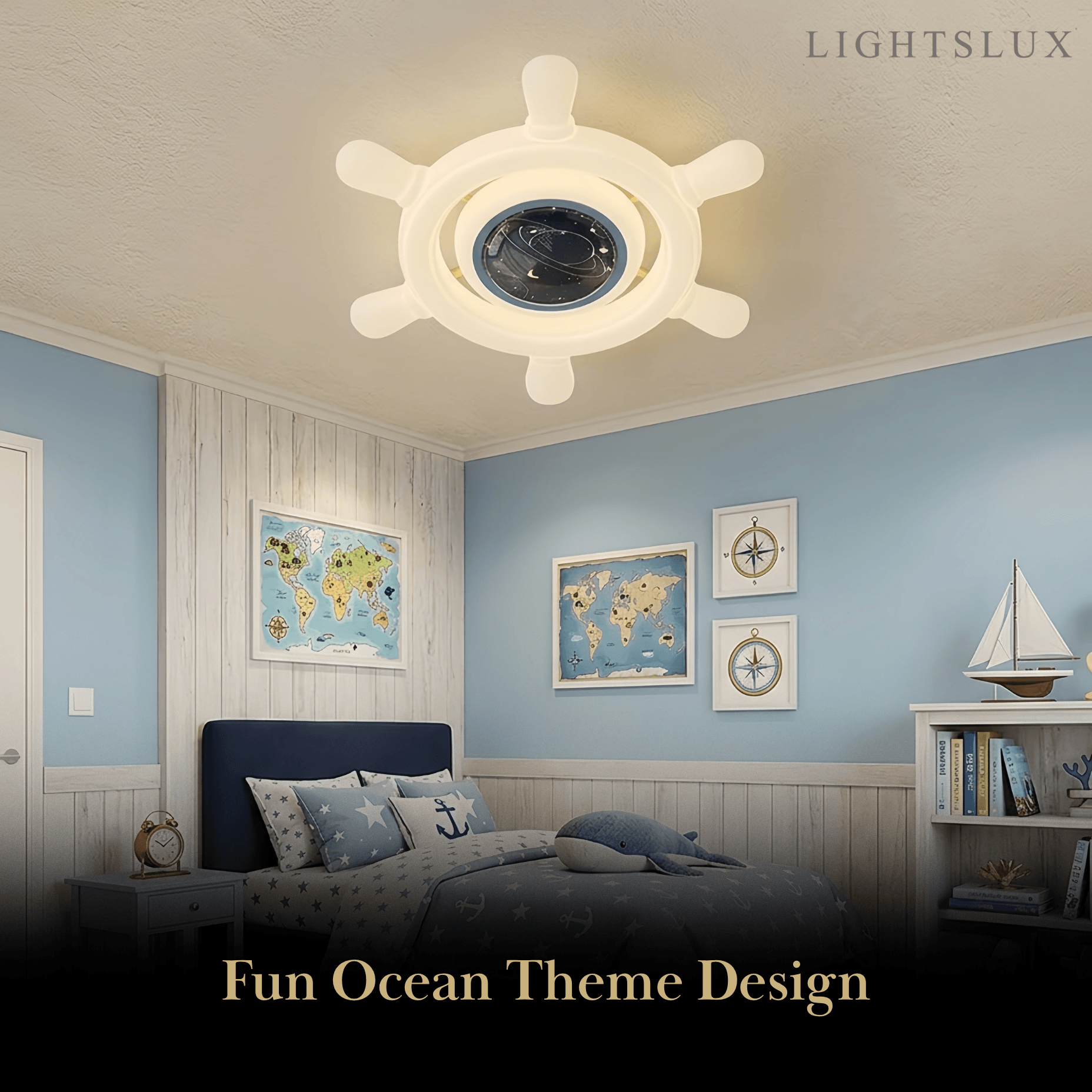 Art Deco Ship's Helm Ceiling Light -- Iron & PE Dimmable White/Blue for Bedroom