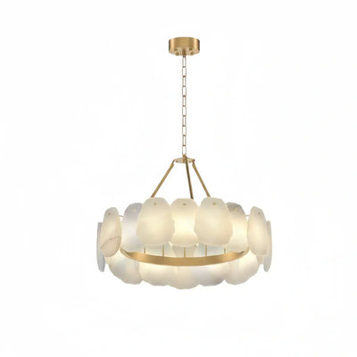 Luxury Sculptural Brushed Gold Chandelier - Layered Alabaster & Hand-Shaped Brass for Dining Room