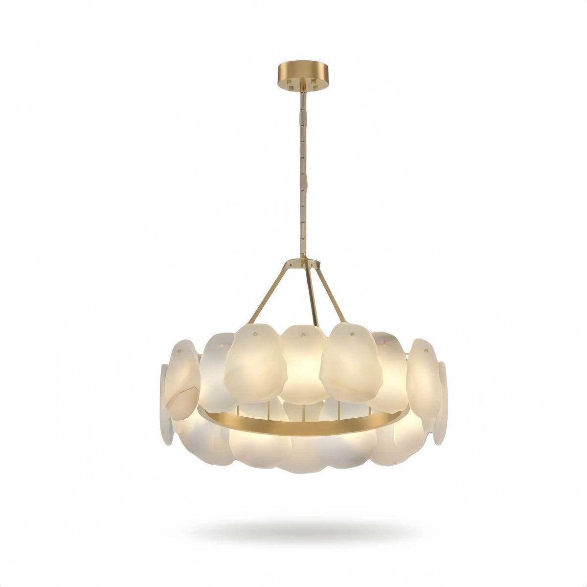 Excelis Luxury Sculptural Brushed Gold Chandelier - Layered Alabaster & Hand-Shaped Brass for Dining Room