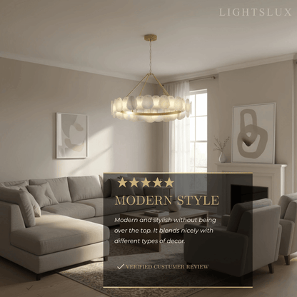 Luxury Sculptural Brushed Gold Chandelier - Layered Alabaster & Hand-Shaped Brass for Dining Room