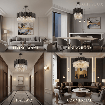 Modern Crystal Chandelier – Black Frame Sparkling Focal Point for Dining/Living Room