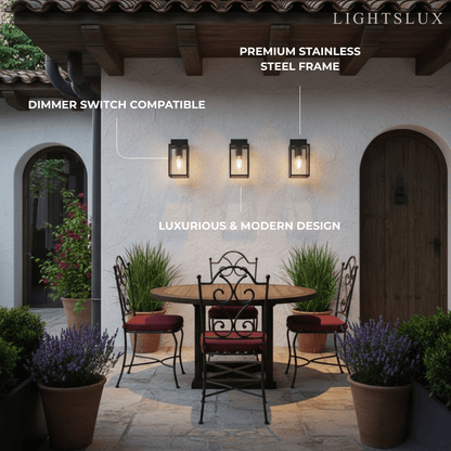 Modern Outdoor Wall Sconce – Black Stainless Steel with Clear Glass for Porch/Patio