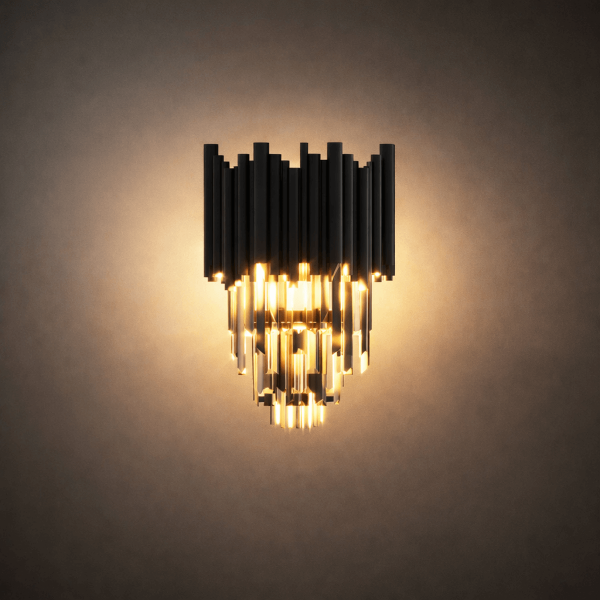 Luxury Obsidian Crystal Wall Sconce – Black Stainless Steel with Clear Crystals
