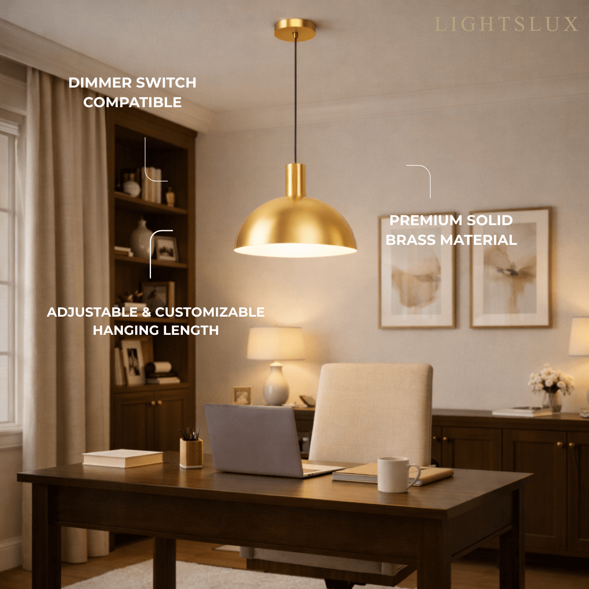 Mid-Century Pendant Light – Solid Brass in Brushed Gold/Black Matte for Dining Room