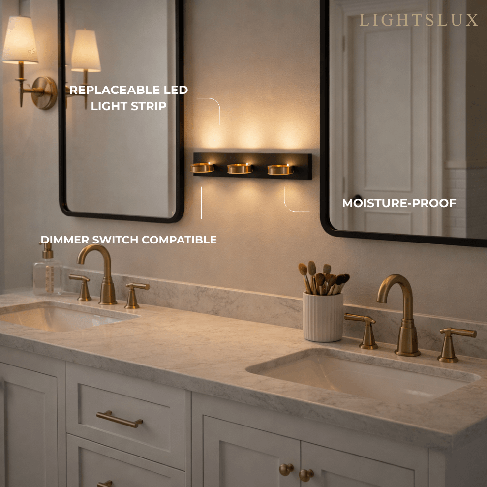 Modern 3-Light Bathroom Vanity – Circular Acrylic Shades on Matte Black/Gold Frame for Bathroom