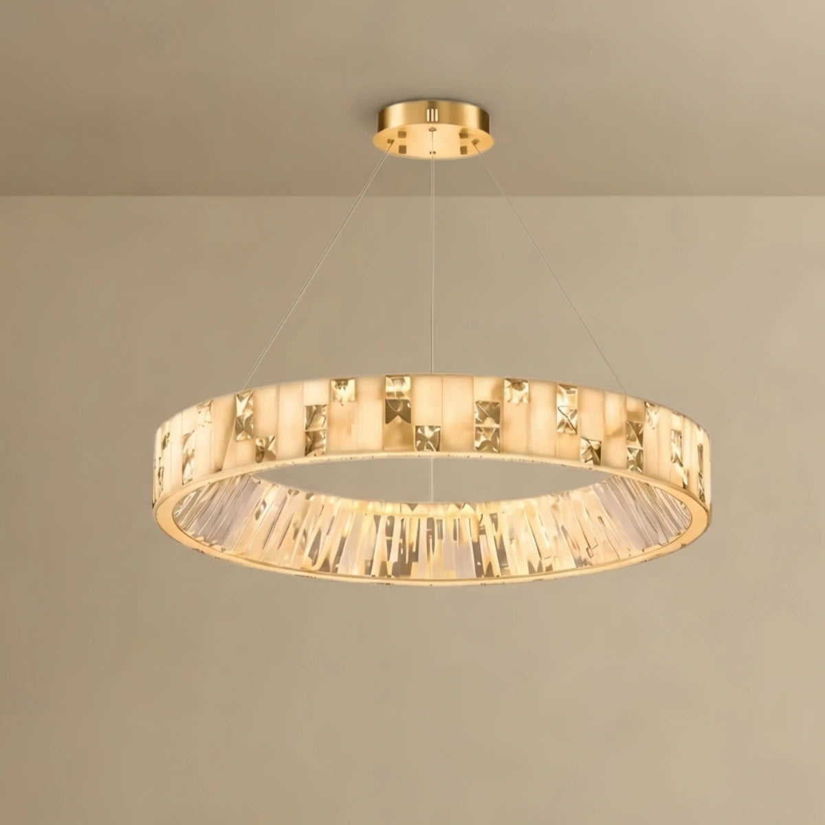  Layered Alabaster Ring Chandelier – Brushed Gold Stainless Steel Framea