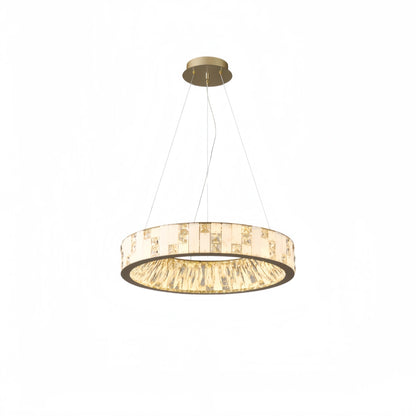 Excelis Modern Layered Alabaster Ring Chandelier – Brushed Gold Stainless Steel Framea