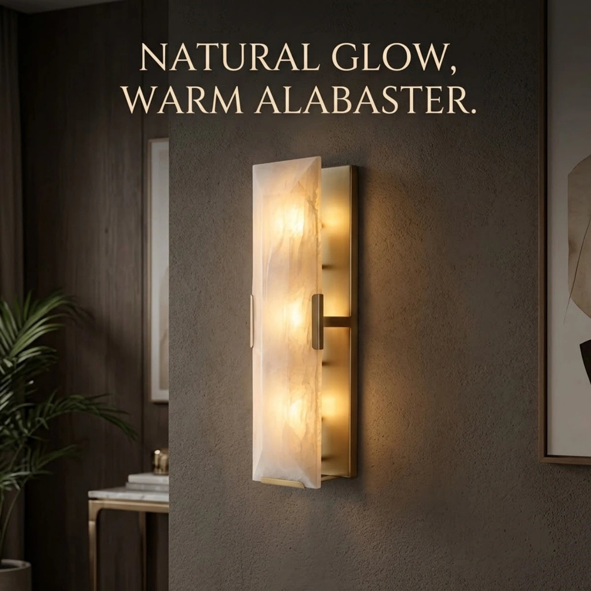 Modern Faceted Alabaster Wall Sconce – Brushed Gold Stainless Steel Backplate Indoor