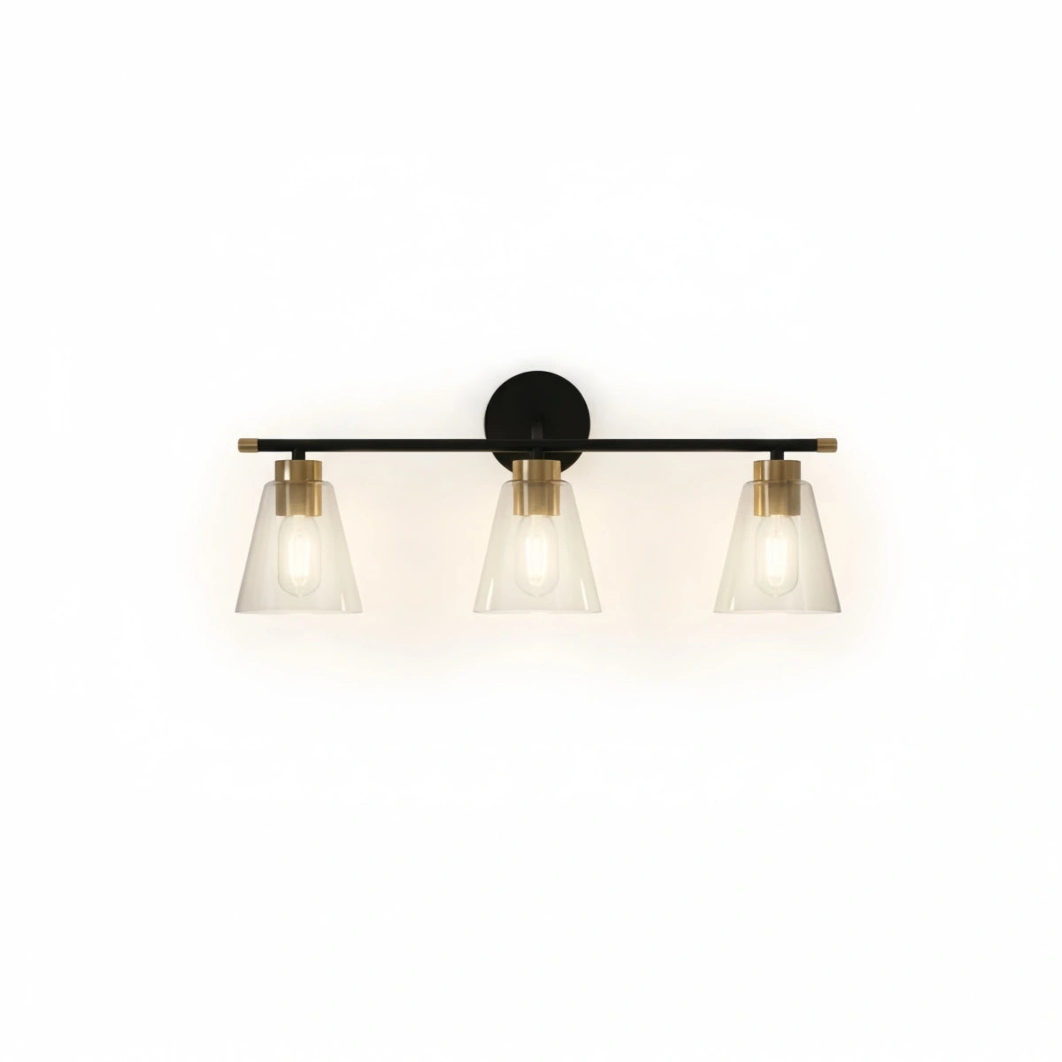 Irondale 3-Light Bathroom Vanity – Matte Black/Brushed Gold Flared Glass Shades Bathroom