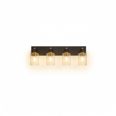 Excelis 4-Light Bathroom Vanity – Matte Black with Brushed Gold Clear Glass Shades