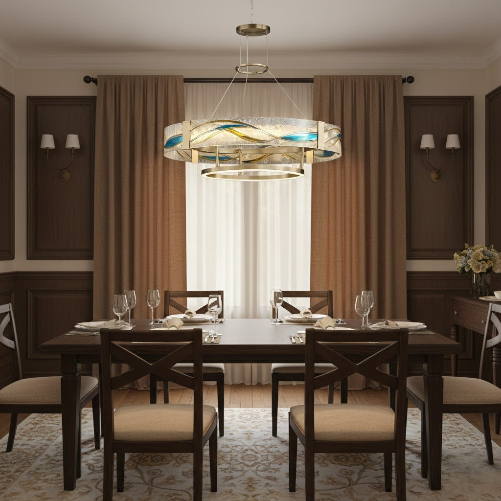 Art Deco Enamel Chandelier – Textured Glass Brushed Brass Blue Amber for Dining Room