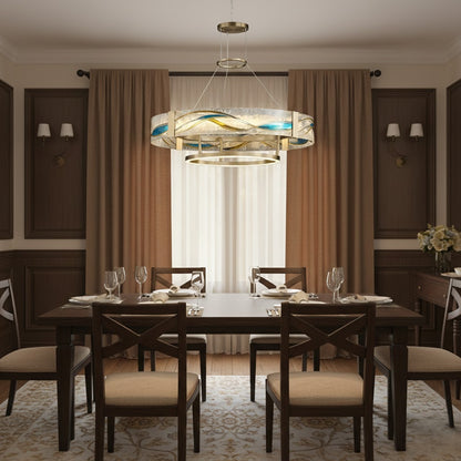Art Deco Enamel Chandelier – Textured Glass Brushed Brass Blue Amber for Dining Room