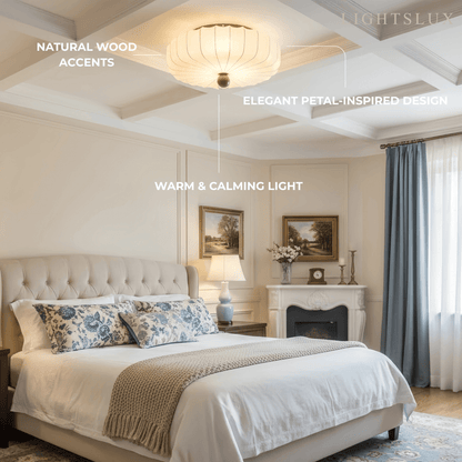 Modern Ceiling Light – Fabric Petal Floral Pattern Wood Accents