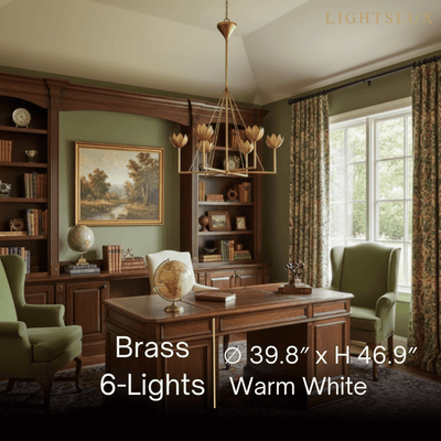 Chandelier — Curved Petal Shades & Brass Frame for Dining Room
