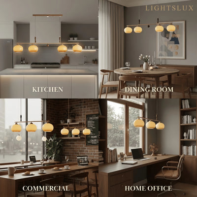 Modern Pendant Lamp — Amber Glass Shades & Brass Bar Wood Accent