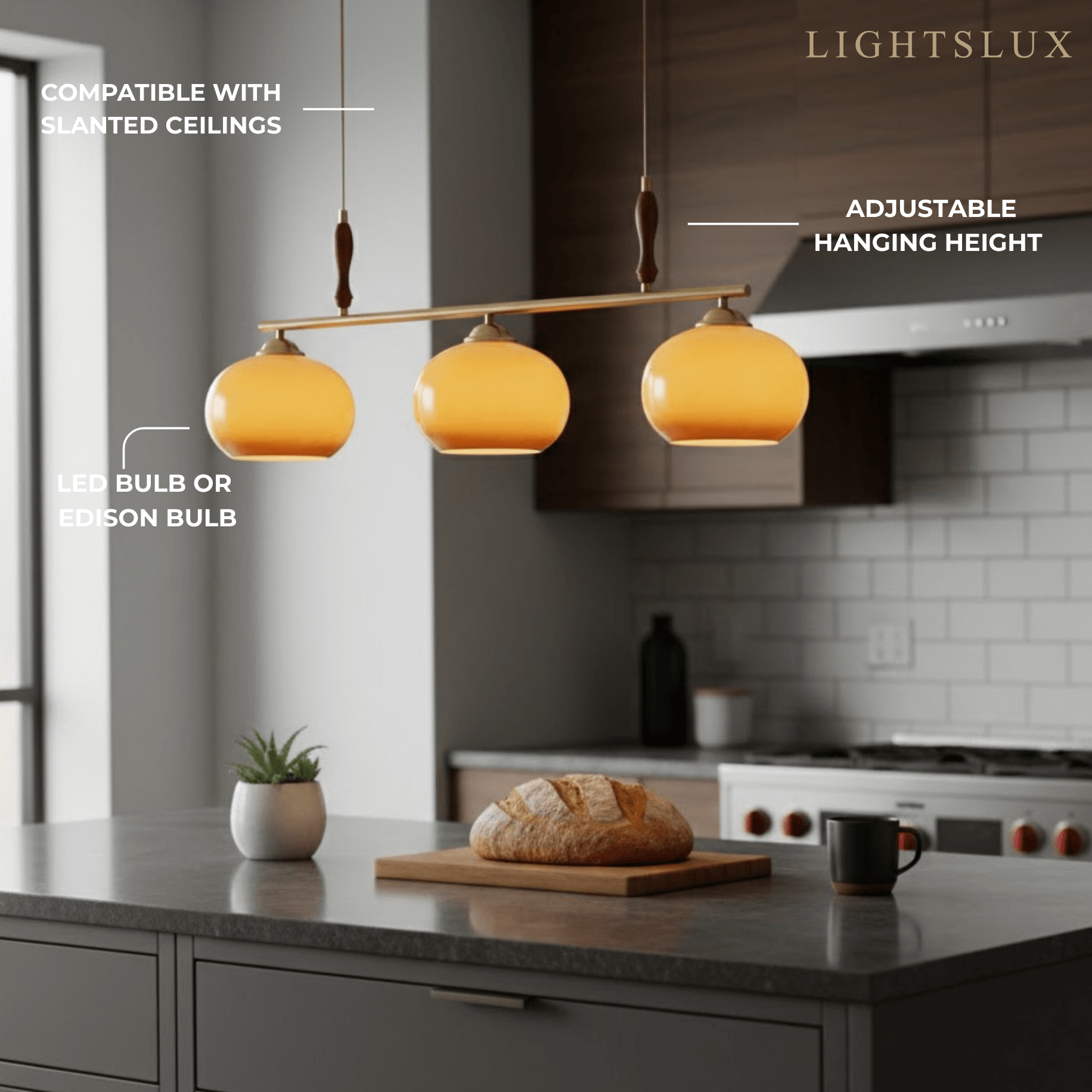 Modern Pendant Lamp — Amber Glass Shades & Brass Bar Wood Accent