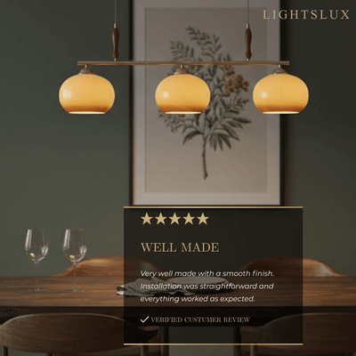 Modern Pendant Lamp — Amber Glass Shades & Brass Bar Wood Accent