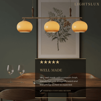 Modern Pendant Lamp — Amber Glass Shades & Brass Bar Wood Accent