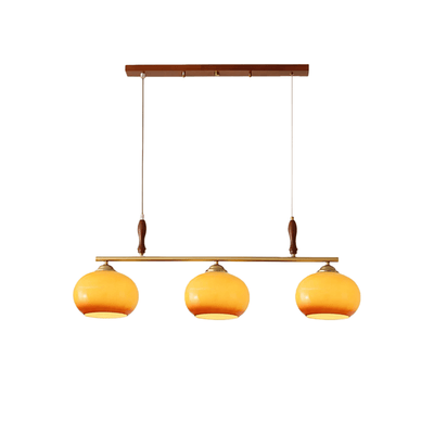 Modern Pendant Lamp — Amber Glass Shades & Brass Bar Wood Accent