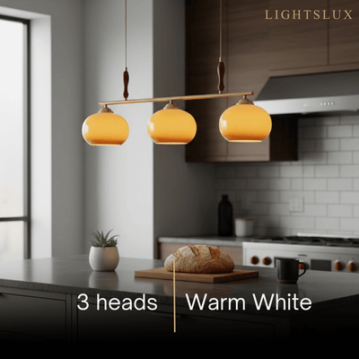 Modern Pendant Lamp — Amber Glass Shades & Brass Bar Wood Accent