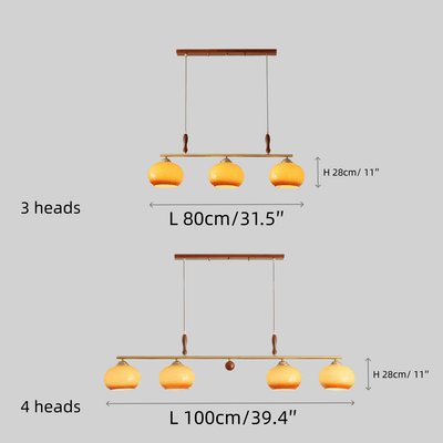 Modern Pendant Lamp — Amber Glass Shades & Brass Bar Wood Accent