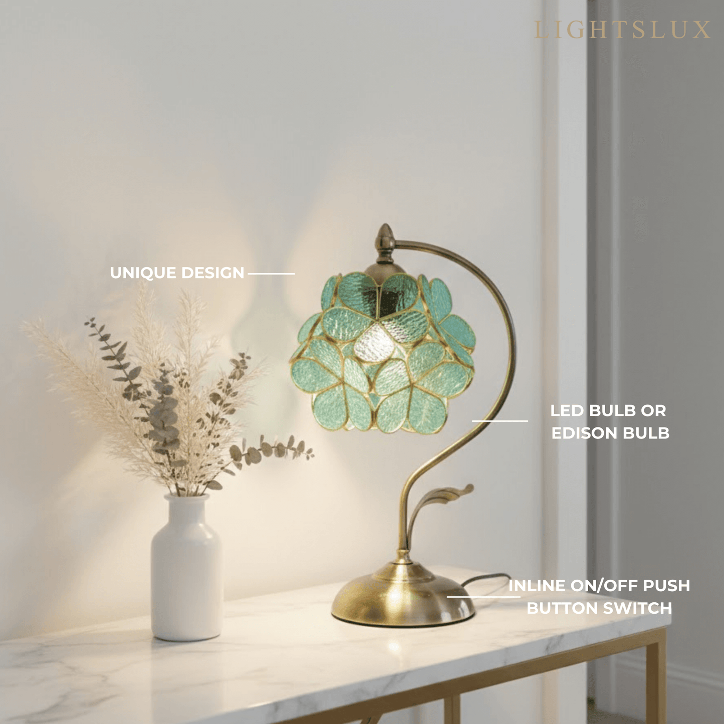 Artisan Leaf-Inspired Desk Lamp — Seafoam Green Glass Leaves & Antique Brass