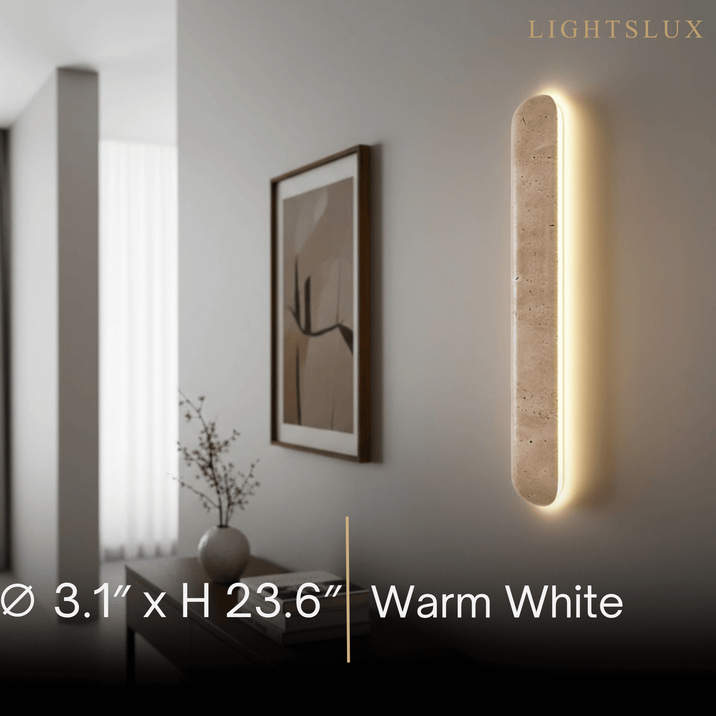 Travertine Pillar Wall Lamp — Slender Carved Stone with Back Glow