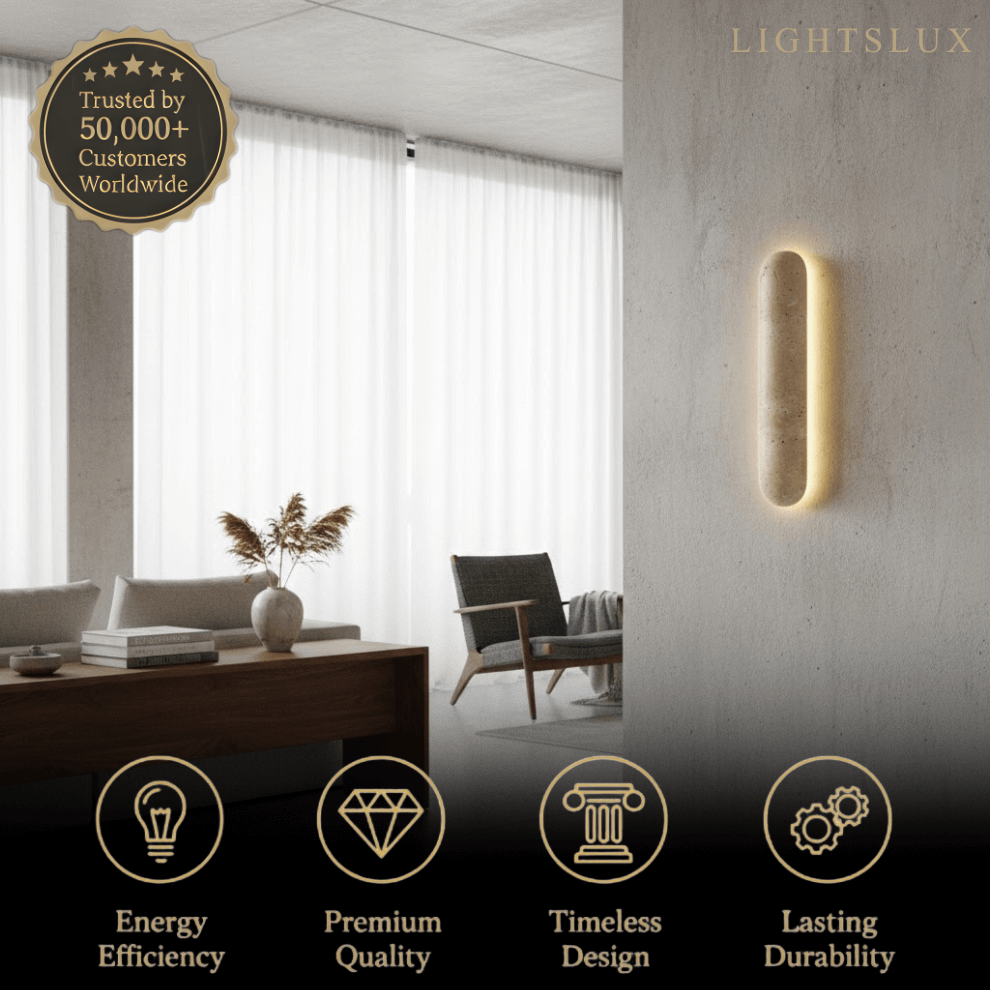 Travertine Pillar Wall Lamp — Slender Carved Stone with Back Glow