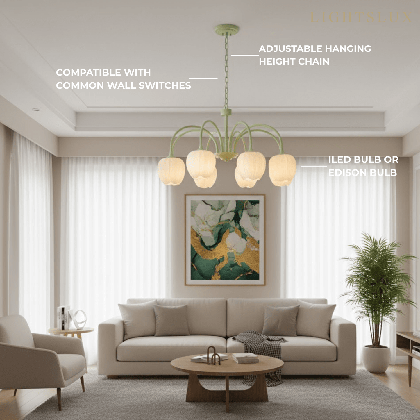 Modern Tulip Chandelier – Matcha Metal and White Glass Ceiling Light