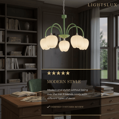 Modern Tulip Chandelier – Matcha Metal and White Glass Ceiling Light