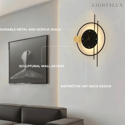 Irondale Art Deco Wall Lamp – Black/Gold Clock-Inspired Design for Living Room
