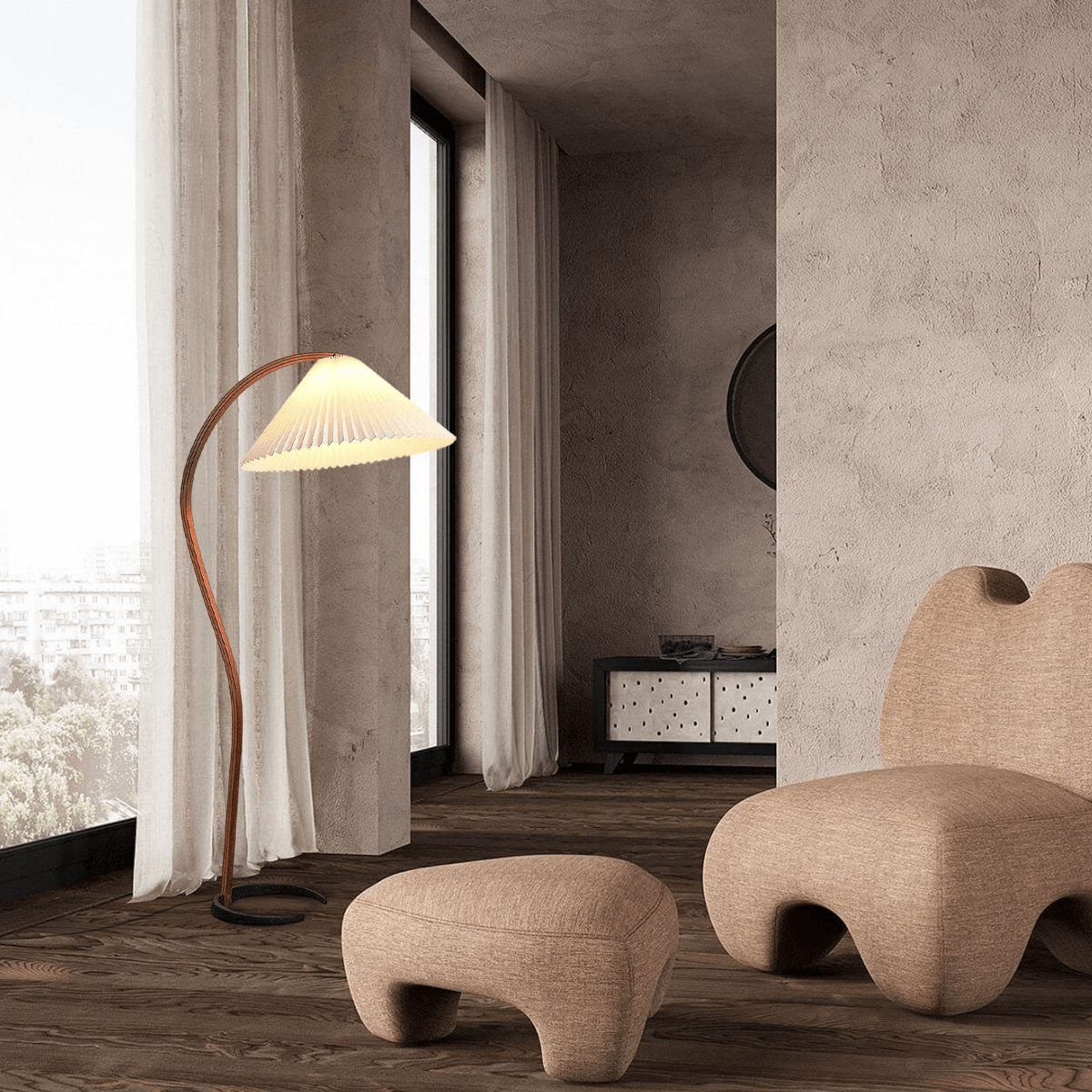 Modern Beige Floor Lamp Wood Fabric